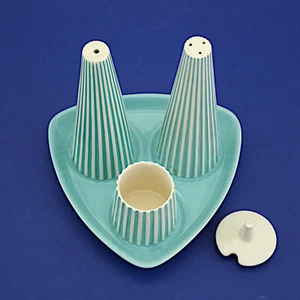 Vintage Hornsea Summit Aqua/White Four-Piece Cruet - Salt, Pepper, Mustard, Tray - Picture 1 of 6