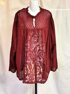 Torrid Woman’s Rhubarb Mixed Lace High Neck Top Long Sleeve Blouse Top Sz 5X 28 - Image 1 of 4