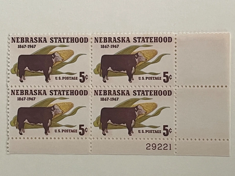 1967 Plate Block of 4 stamps - Scott 1328 - Nebraska Centennial -  5 cent - MNH - Image 1 of 1
