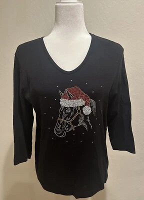 Camiseta negra elegante con estrás de Navidad Cactus Bay para mujer talla L Santa Horse Foto 1 de 4