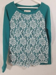 Energie Teal Pullover Long Sleeve Shirt Lace Floral Pattern Size M - Picture 1 of 4