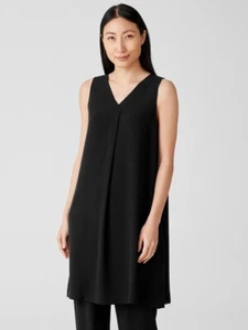 Eileen Fisher Silk Georgette Crepe Pleated Dress Size S Black Sleeveless - Picture 1 of 17