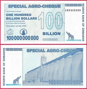 ZIMBABWE 100 BILLION AGRO CHEQUE Banknote 2008 P 64 - Picture 1 of 1