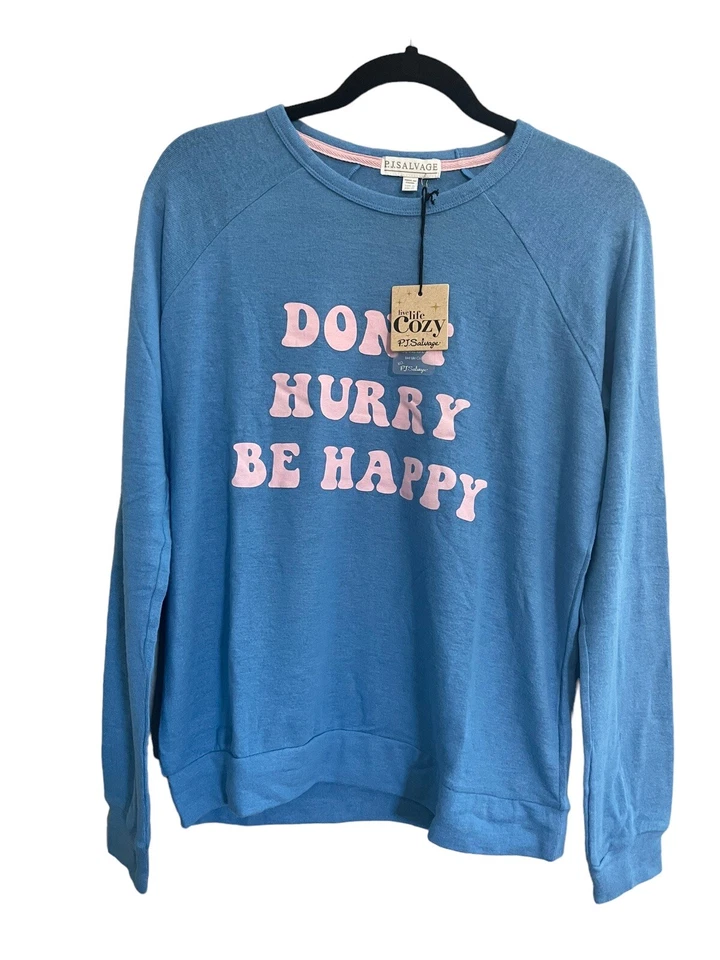 NWT PJ Salvage XL Don't Hurry Be Happy Long Sleeve Lounge Top Blue Pink #PQ26/46 - Image 1 of 4