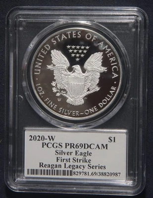 Lote 141110 American Eagle 2020-W a prueba plata PCGS PR69DCAM Reagan Legacy de 1 oz Foto 1 de 3