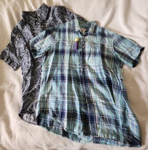 2 Linen Shirts LL Bean Short Sleeve Button Down Blue Plaid + Aloha Men Size LG - Picture 1 of 9