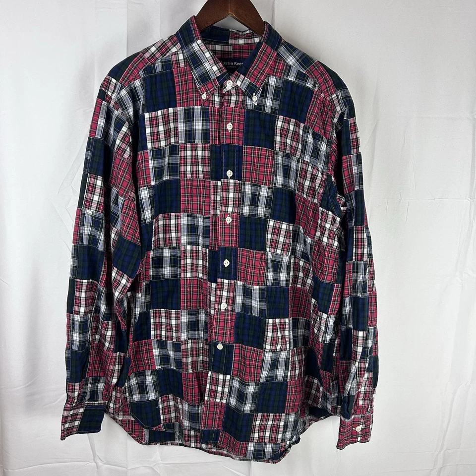 AUSTIN REED Long Sleeve Shirt Patchwork Plaid Button Down XL Red Blue White VTG - Image 1 of 4