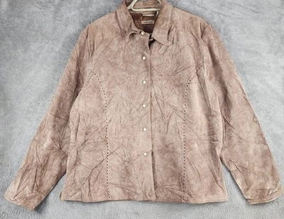 Chaqueta tallada con volantes para mujer XL marrón gamuza genuina cuero a presión forrada frontal con cuello Foto 1 de 4