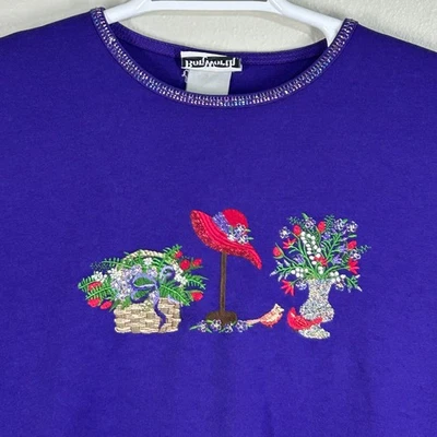 BonWorth Top Mujer 2X Púrpura Bordado Floral Sombrero Joya Cuello Manga Corta Foto 1 de 4