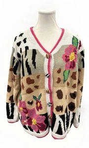 VTG Handknits By Storybook Knits Colorful Floral Animal Print Cardigan Sweater - Picture 1 of 17