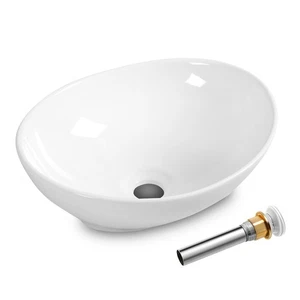Lavabo de baño ovalado recipiente de cerámica lavabo cuenco tocador porcelana con desagüe emergente - Imagen 1 de 5