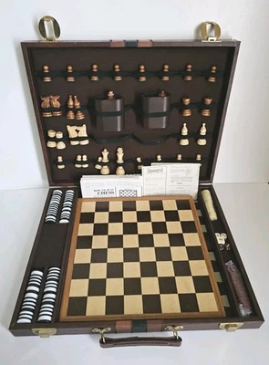 Vintage Backgammon Set and Chess Board game in Faux Leather Travel Case  - Image 1 of 4