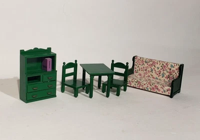 Vintage 1985 Epoch Dollhouse Furniture Set Sylvania Green Sofa Table Taiwan - Image 1 of 4