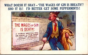 WAGES OF GIN IS BREATH Drunk Man cómic humor UDB postal sin usar - Imagen 1 de 2