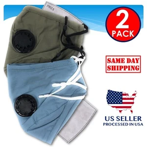 2-Pack Reusable Washable Cotton Cloth Face Mask Filter & Air Valve (Olive Blue) - Picture 1 of 14
