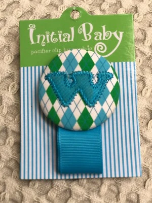 Baby Argyle Initial Monogram "w" Pacifier Clip Mud Pie Blue Green - Image 1 of 3