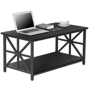 Coffee Table for Living Room Farmhouse Industrial Center Table w/2 Storage Black - Picture 1 of 21