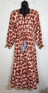 Anthropologie Omika Dress Riviera Maxi Tan Brown Blockprint Cotton Boho Cottage - Picture 1 of 7