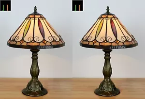 Pair of 2 JT Tiffany Stained Glass Leaf Style Bedside Table Lamp - Picture 1 of 9