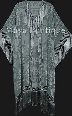 Sage Green Kimono Duster Fringe Jacket Silk Burnout Velvet Maya Matazaro Plus  - Image 1 of 3