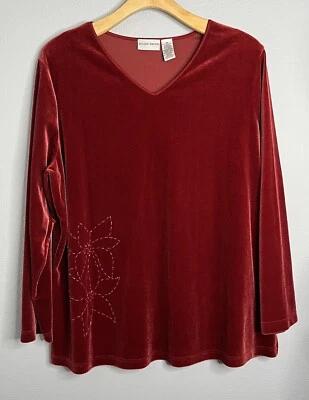Jaclyn Smith Women's 2X  Red Velour Long Sleeve V Neck Bead Floral Accent Top - Image 1 of 4