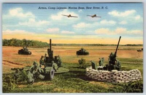 1940's WWII TANKS IN ACTION CAMP LEJEUNE MARINE BASE NEW RIVER NC POSTCARD - Picture 1 of 2