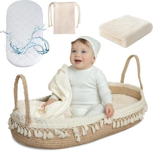 Baby Changing Basket Handmade Woven Cotton Rope Moses Basket (Matress pad & Blan - Picture 1 of 9