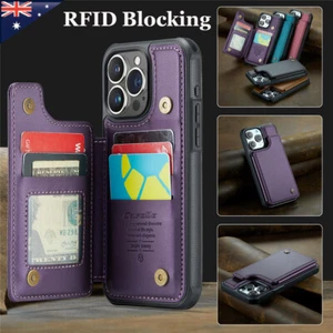 For iPhone 16 15 14 13 12 11 Pro Max 8 Plus Case Wallet RFID Block Leather Cover - Picture 1 of 63