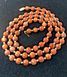 14K Yellow Gold 7.4mm Red Jade & 14k Bead Necklace 30" Long Signed GSJ - Picture 1 of 9