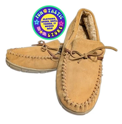 MENS BROWN FUR SLIPPERS LINED MOCCASINS LEATHER SUEDE FAUX. Sz 11-12 (L) - Image 1 of 4