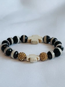 Bracciale Tibetano Naturale Nero Bianco Strisce Agata Perline Preghiera - Foto 1 di 4