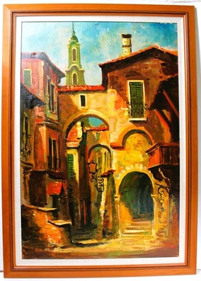 VINTAGE LARGE OIL PAINTING CANVAS ITALIAN VILLAGE OLD TOWN STREET CITYSCAPE 41" - Image 1 of 4