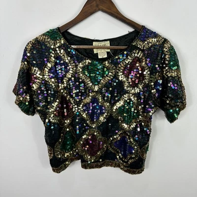 Top vintage SNF seda lentejuelas cuentas M multicolor geométrico capricho disco fiesta Foto 1 de 4