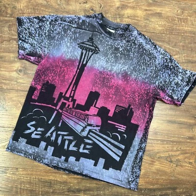 Vintage 90s Seattle City Skyline All Over Print Art Graphic T Shirt Men LRG Boxy - Image 1 of 4