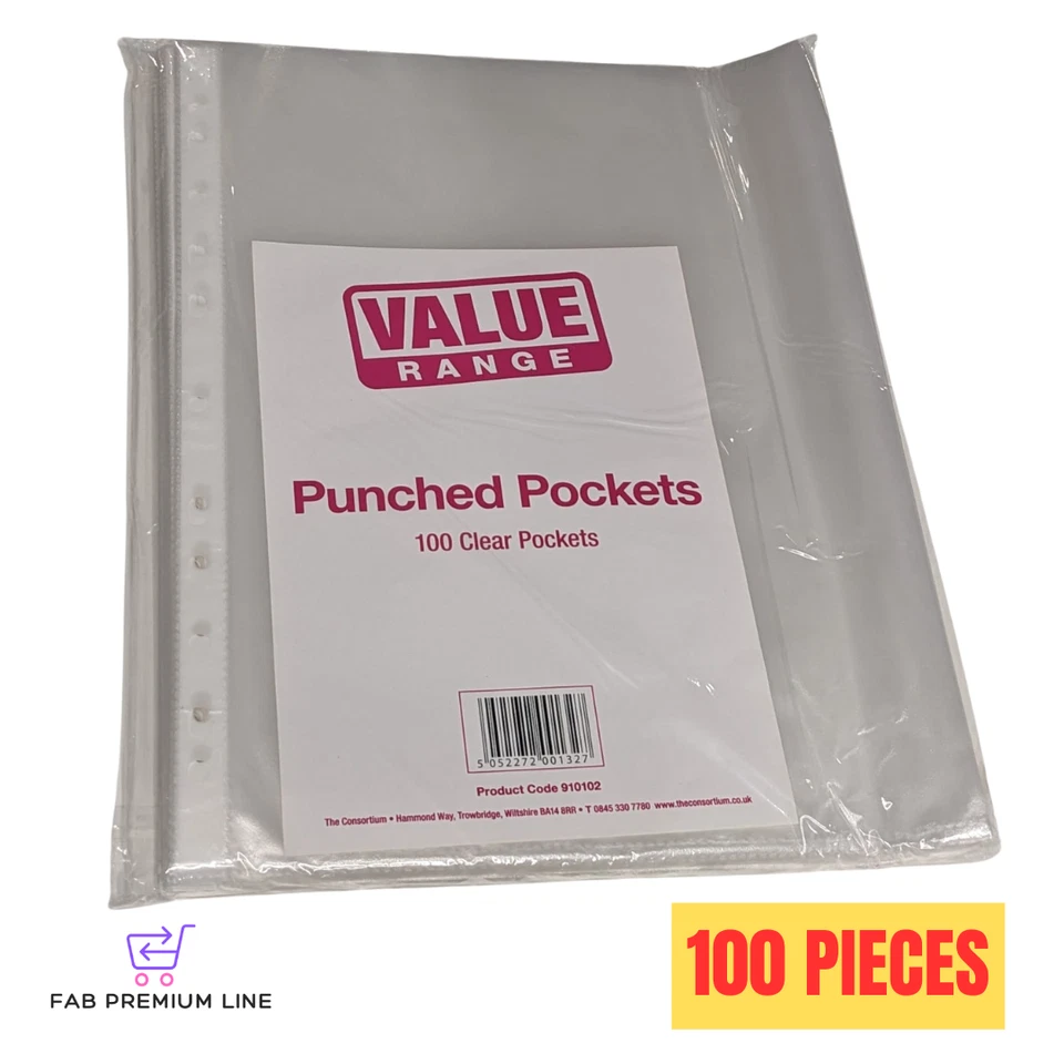 100 x A4 BUDGET VALUE clear Punched Pockets filing PLASTIC WALLET sleeves - Image 1 of 1