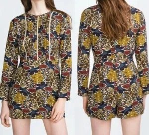 Zara Trafaluc Bohemian Floral Romper Mini Dress S Boho Prairie Retro 70s Paisley - Picture 1 of 12
