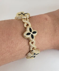 Herren 14k vergoldet schwarz CZ Kleeblatt Blume Armband 8,25" - Bild 1 von 3