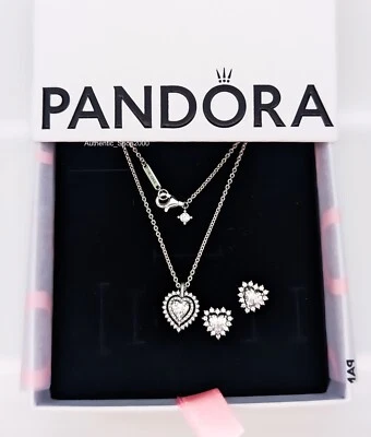 Nuevo 100% PANDORA 925 Brillante Doble Corazón Halo Collar Pendientes Set de Regalo Foto 1 de 2