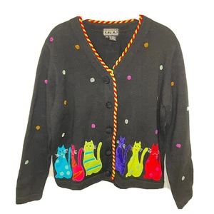 Berek by Takako Sakon Cat Cardigan Vintage 90s Size M Knit Kitty Grandma Novelty - Picture 1 of 12