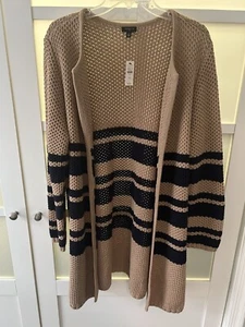 NEW! Talbots ~ Long Open Front Cardigan Sweater ~ Womans Plus 1X ~ Tan/Navy Blue - Picture 1 of 4