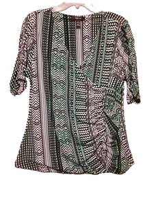 Style & Co Black White Green Stretch Wrap Style V Neck Short Sleeve Top sz L - Picture 1 of 11