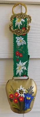 Swiss Brass Cow Bell Goat Sheep Hand Painted Flowers Embroidered Strap Vintage - Image 1 of 4
