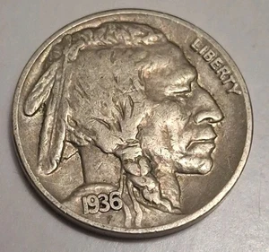 FULL HORN 1936 P NICE ORIGINAL BUFFALO NICKEL 5¢ Shipping 95¢! 🇺🇸 BN767 - Foto 1 di 2