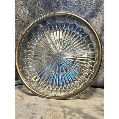 Vintage Glass Divided Serving Dish MCM Silver Rim 9 Starburst Mid-Century Heavy - Image 1 of 4