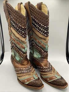 Botas vaqueras Corral Western para mujer 7M verde azulado bordadas azteca tachonadas trenzadas - Imagen 1 de 17