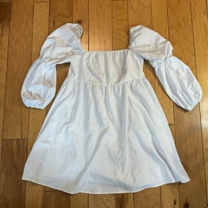 Exlura White Square Neck L Large Long Puff Sleeve A-Line Milkmaid Babydoll Dress - Picture 1 of 14