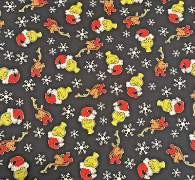 How the Grinch Stole Christmas Cotton Fabric BTY Max Snowflakes Dr Seuss Black - Image 1 of 4