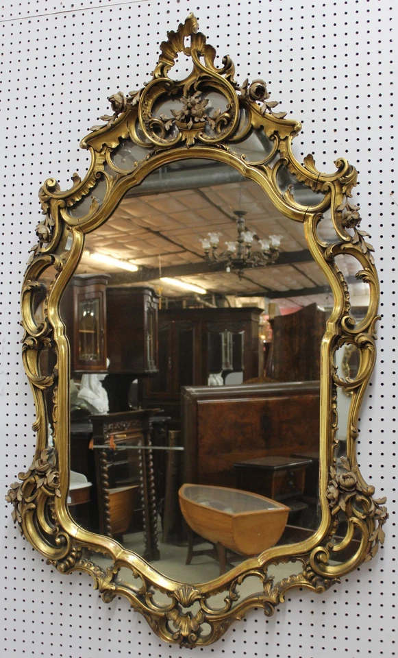 Antique HIGH QUALITY Gold Country French LouisXV Heavy Carved Wood Mirror C1870  - Image 1 of 4