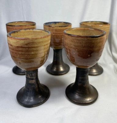 Robert Beck Signed Set 5 Art Pottery Goblets Mid Century Handmade Studio Pottery - Image 1 of 4