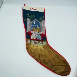 Two Children Night Before Christmas Needlepoint Stocking 20" Felt Chris Petit - Picture 1 of 6